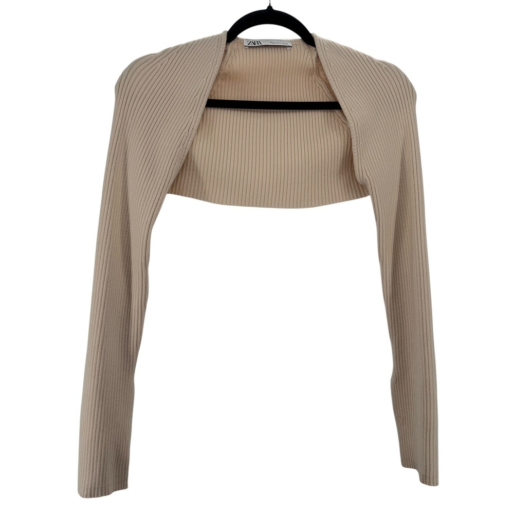 Zara Ribbed Knit Shrug Women M Beige Arm Warmer Split Cuff Cropped Sweater